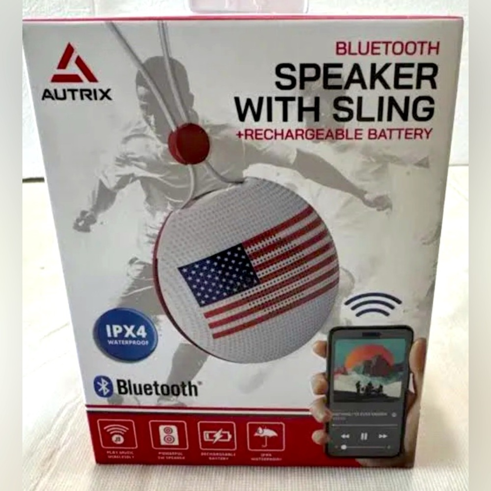 Autrix Bluetooth Portable Speaker with Sling White American Flag Bluetooth 30 ft